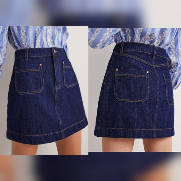 Boden Dark Denim Skirt Womens 4 Jean Front Back Patch Pockets A-Line Mini - Picture 1 of 9